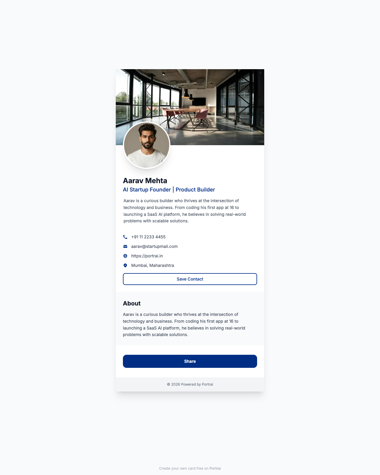 Aarav Mehta's card — clean, centered, ready to embed a video or Calendly at the top.