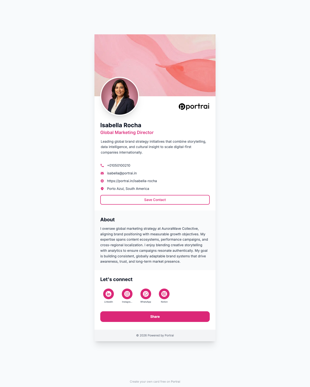 A clean, focused digital card — photo, role, bio, and a single clear CTA.