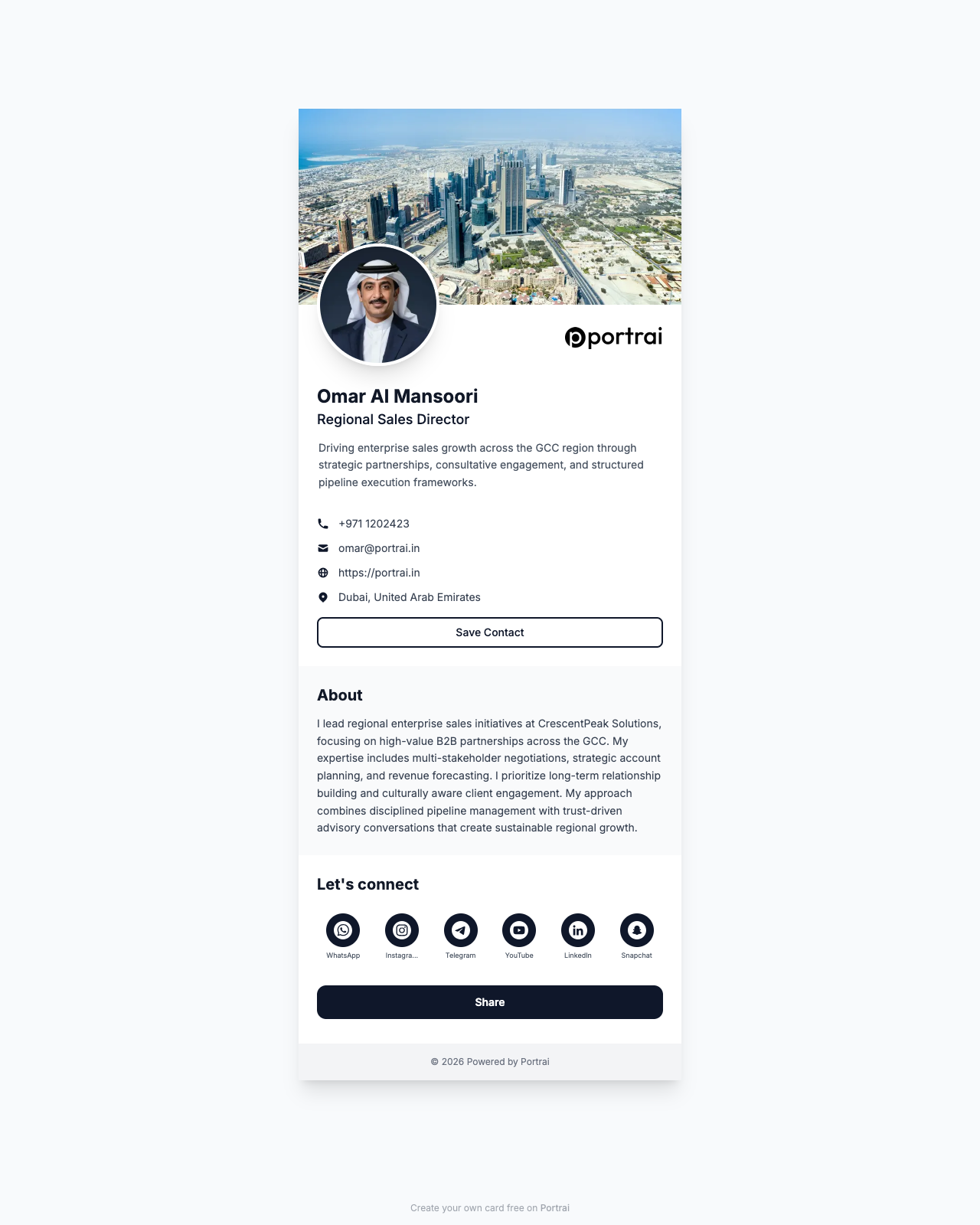 Omar's card on a lanyard-ready layout — QR front and center, social handles below.