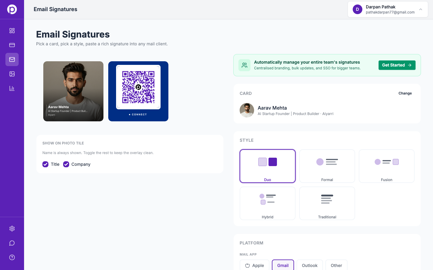 Email signatures that carry your digital card into every conversation.