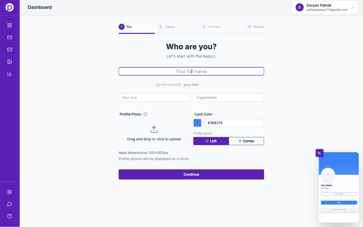 The Portrai card builder — live preview updates as you fill in your details.